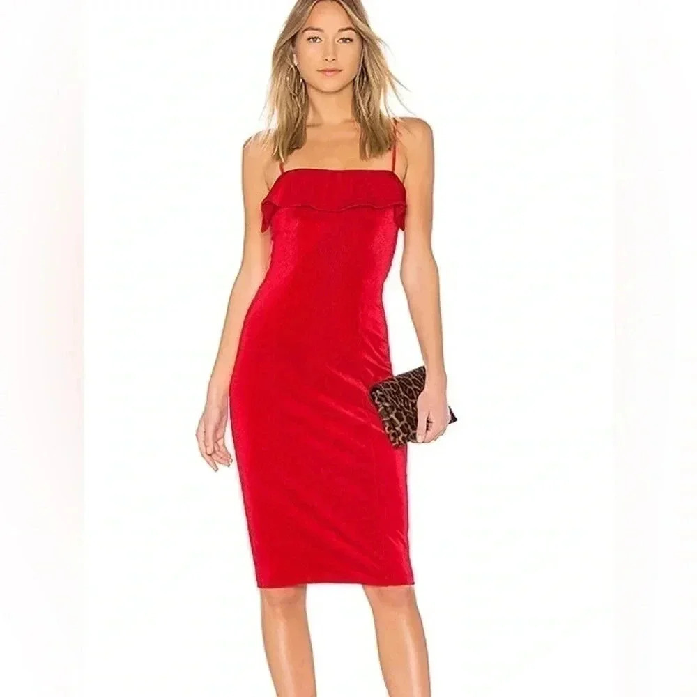 NBD x Revolve Red Ruffle Pencil Dress Ribbed Velvet Size Small